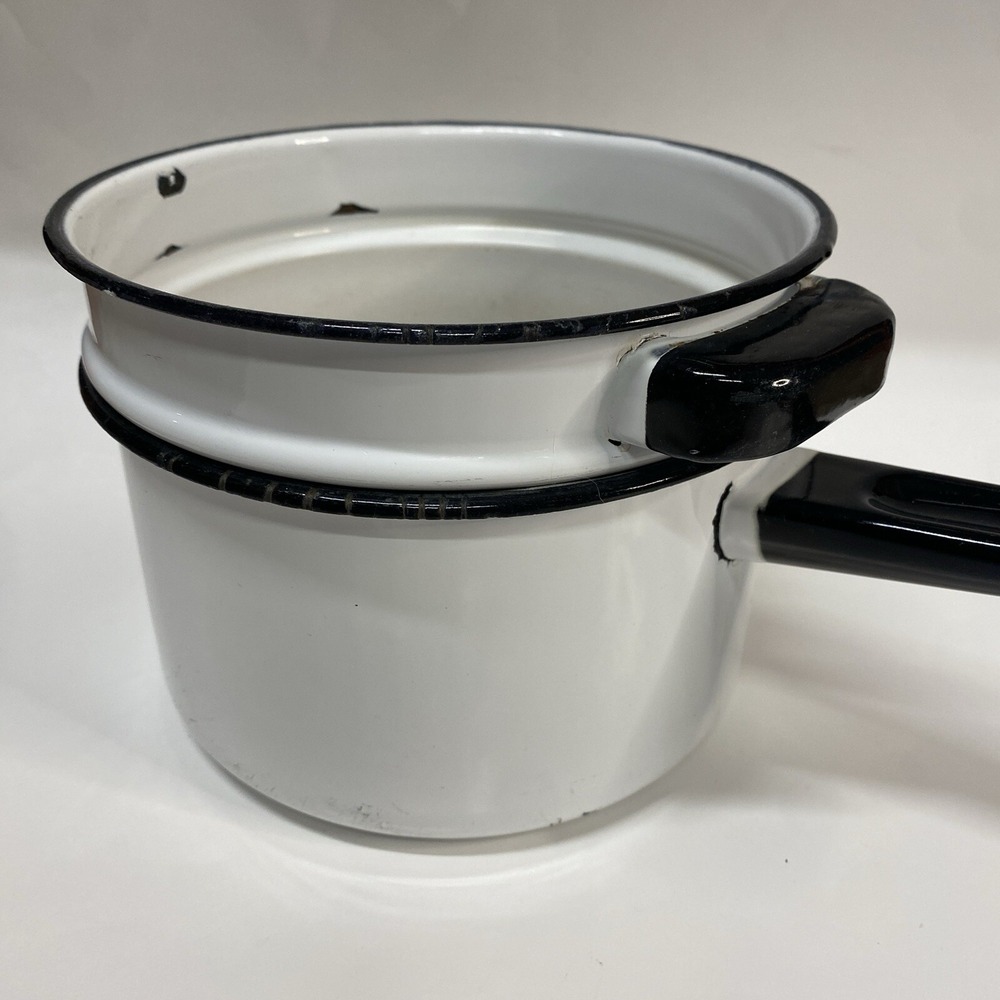 Vintage Enamelware 2 Pc Double Boiler Pots White Black Trim Porcelain Farmhouse